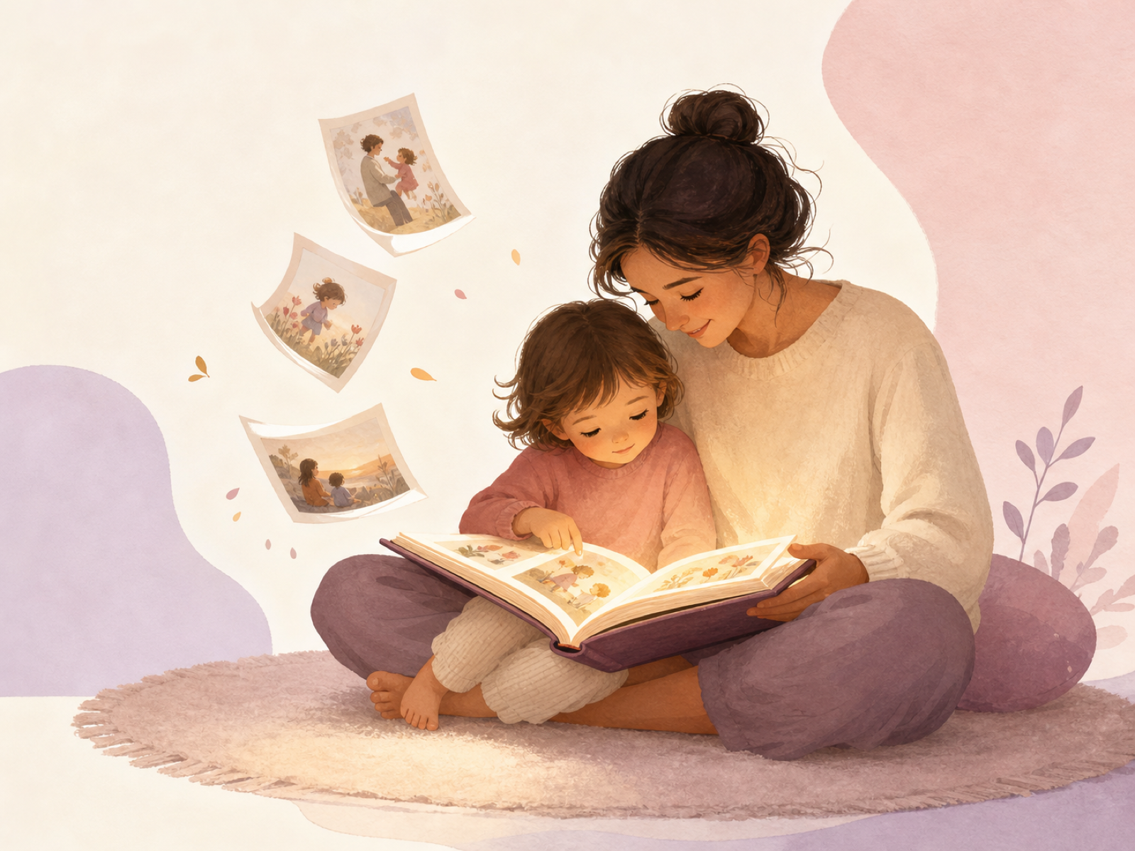 A parent and child enjoying an illustrated family memory together